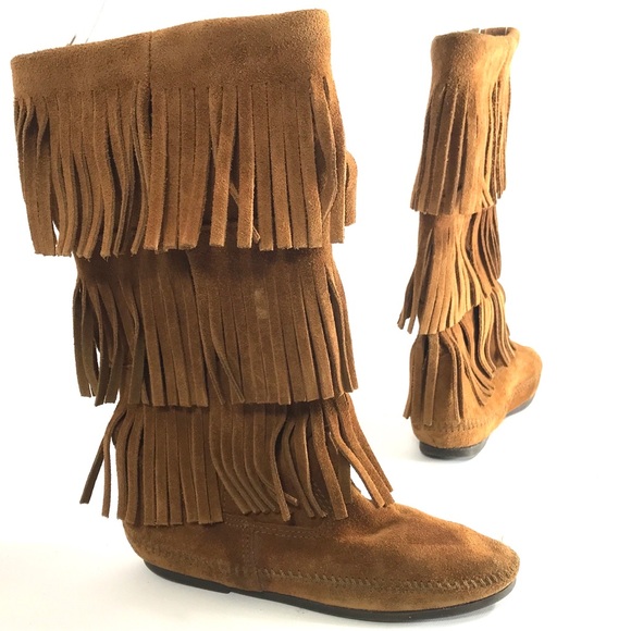 Minnetonka Moccasins 3 Layer Fringe Boots Sz 5 - Picture 1 of 8